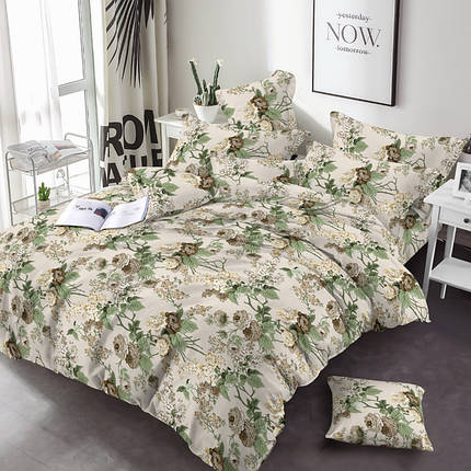 Постільна бавовняна тканина 220 см бежева Фланель (байка) з принтом бежеві квіти троянди, рулон 25 м, фото 1