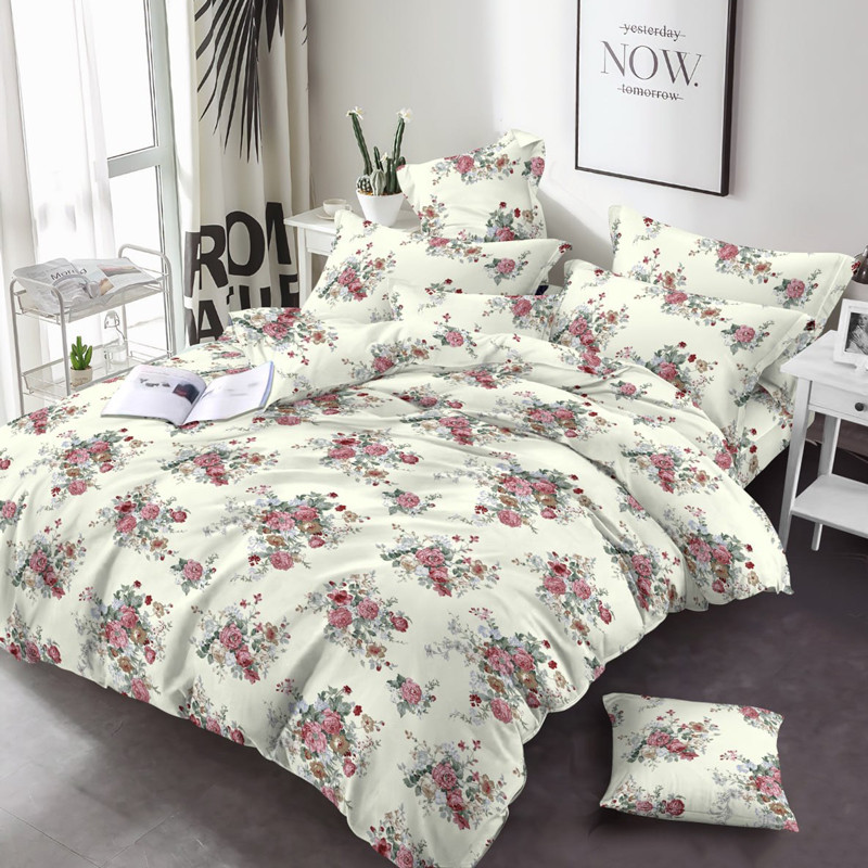 Тканина бавовняна 240 см для постільної білизни Фланель (байка) біла принтована з ніжним квітковим малюнком трояндочки, рулон 25 м