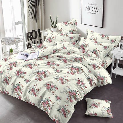 Тканина бавовняна 240 см для постільної білизни Фланель (байка) біла принтована з ніжним квітковим малюнком трояндочки, рулон 25 м, фото 1