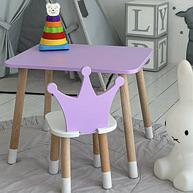 Дитячий столик з дерева 46х60х45 і стільчик спинка в виді корони 26.5х26х25, стіл та стілець для дівчинки, фіолетовий з білим