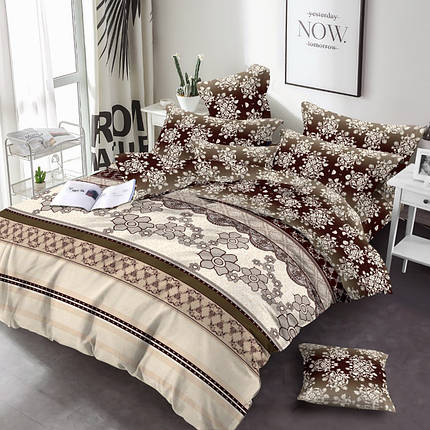 Постільна тканина 220 см Фланель (байка) 100% бавовняна бежева з коричневим візерунком, рулон 25 м, фото 1