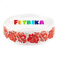 Репсова стрічка "Троянда" 2,5 см, червона на білому фоні