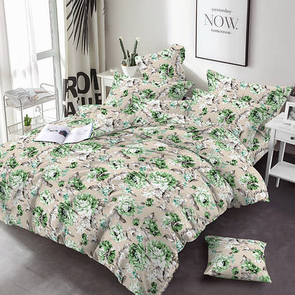 Тканина бежева 220 см для постільної білизни Фланель (байка) набивна 100% бавовняна з принтом великі зелені квіти, рулон 25 м, фото 1