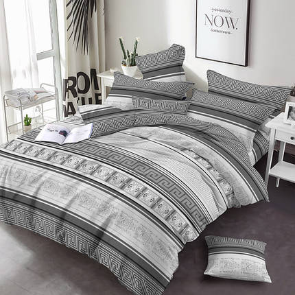 Тканина смуги 220 см для постільної білизни Фланель (байка) 100% бавовняна набивна із сірим геометричним візерунком, рулон 25 м, фото 1