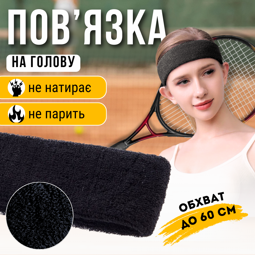 Пов'язка на голову спортивна для волосся бігу спорту бігова жіноча чоловіча тенісна Hechpro чорна (5760)