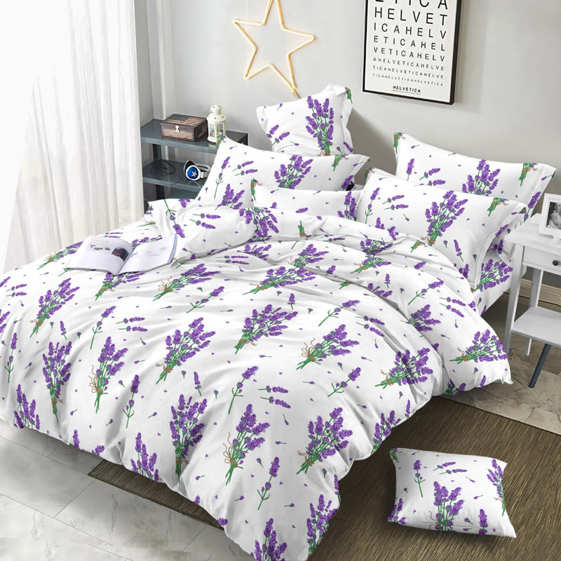 Постільна 100% бавовняна тканина 240 см біла Фланель (байка) набивна з малюнком фіолетові квіти лаванда, рулон 25 м