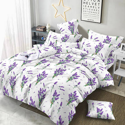 Постільна 100% бавовняна тканина 240 см біла Фланель (байка) набивна з малюнком фіолетові квіти лаванда, рулон 25 м, фото 1