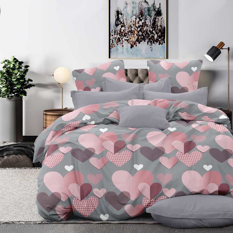 Сіра постільна тканина Фланель (байка) 220 см набивна з принтом серця, 100% бавовняна натуральна, рулон 25 м