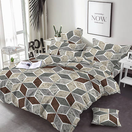 Бавовняна тканина 220 см для постільної білизни, сіра набивна Фланель (байка) з великим геометричним візерунком, рулон 25 м, фото 1