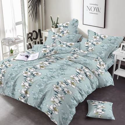 Бавовняна тканина 220 см для постільної білизни Фланель (байка) набивна бірюзова з квітковим візерунком, рулон 25 м, фото 1