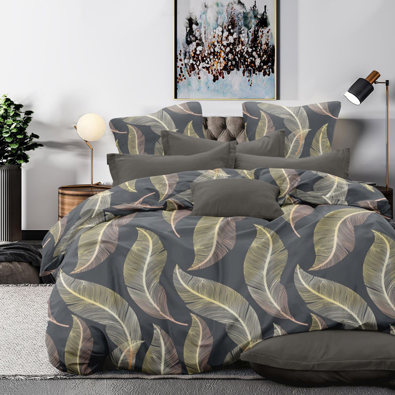 Темна сіра тканина 220 см для постільної білизни, набивна Фланель (байка) з великим принтом пір'я, рулон 25 м