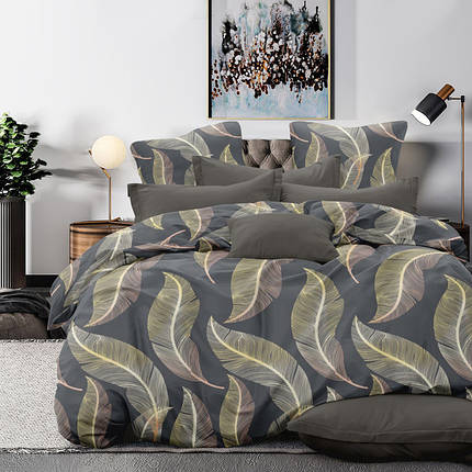 Темна сіра тканина 220 см для постільної білизни, набивна Фланель (байка) з великим принтом пір'я, рулон 25 м, фото 1