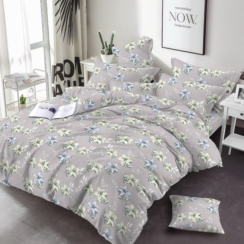 Постільна щільна тканина 220 см набивна Фланель (байка) 100% бавовняна, сірого кольору з принтом квіти лілії, рулон 25 м