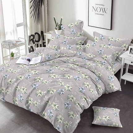 Постільна щільна тканина 220 см набивна Фланель (байка) 100% бавовняна, сірого кольору з принтом квіти лілії, рулон 25 м, фото 1