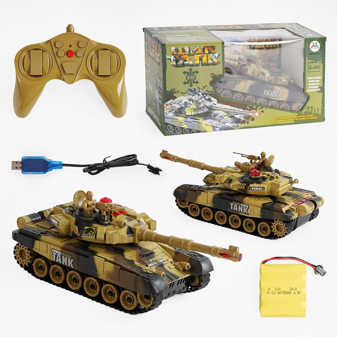 Танк на радіокеруванні 9993 підсвічування, звукові ефекти, обертова башта, акумулятор 4.8 V, пульт 2.4 G, гусеничний хід, USB