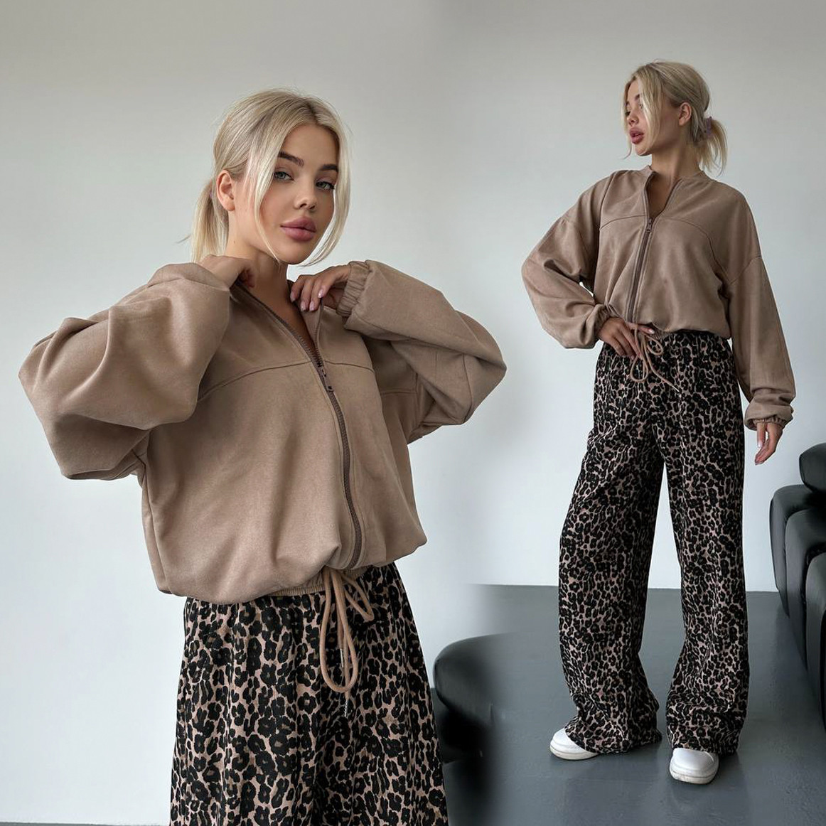 Жіночий прогулянковий костюм One size: бежевий замшевий бомбер і леопардові штани палаццо
