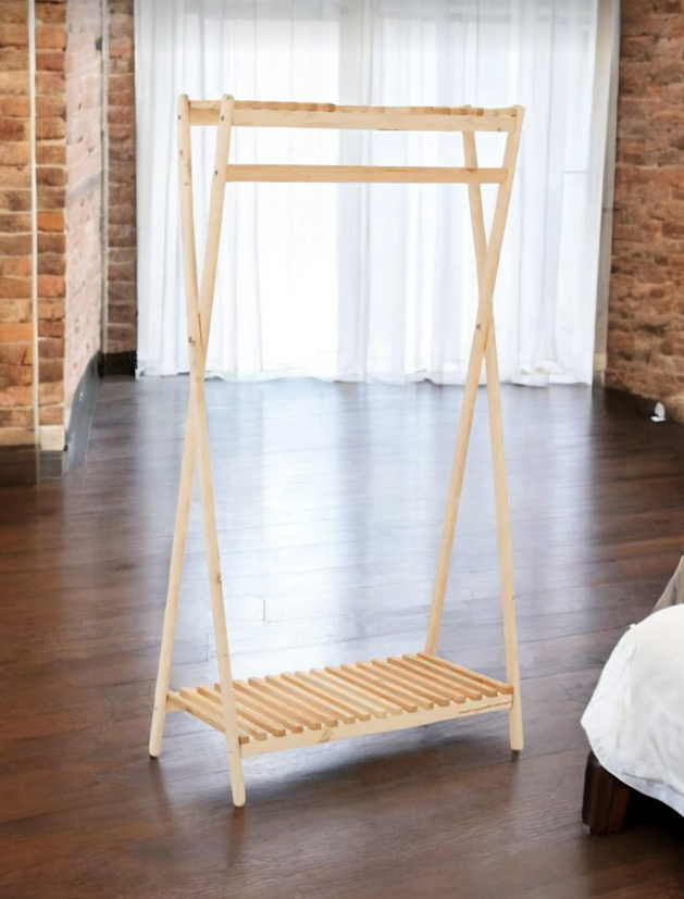 Підлогова дерев'яна вішалка для одягу та взуття/стійка для одягу на 2 полиці, фото 1