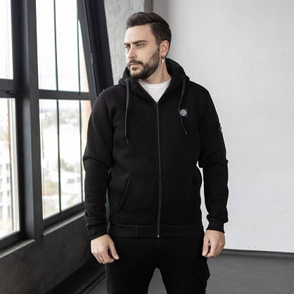 Мужской спортивный костюм черный Stone Island костюм теплый осень-зима на флисе с капюшоном молодежный модный, фото 3