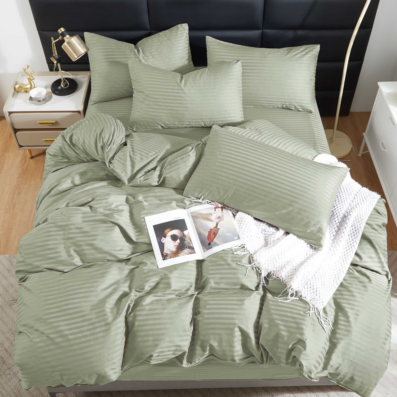 Простирадло 150х220 (Страйп Сатин) | Полуторне простирадло від виробника "Королева Ночі" | Оливковий страйп сатин, фото 1