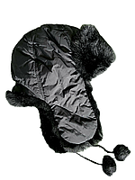 Чорна жіноча вушанка з плащової тканини зі штучним хутром