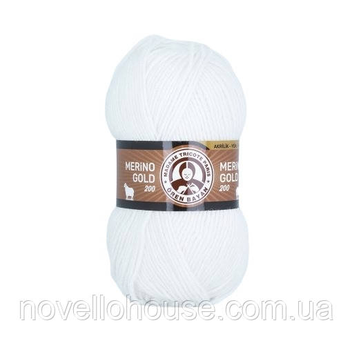 Madame Tricote Paris MERINO GOLD 200 (Меріно Голд 200) № 100 білий (Пряжа напіввовна, нитки для в'язання)