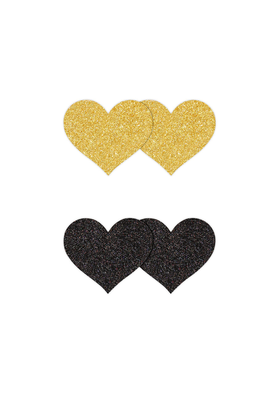 Наклейки на соски NS Novelties Pretty Pasties Glitter Hearts Black/Gold, фото 1
