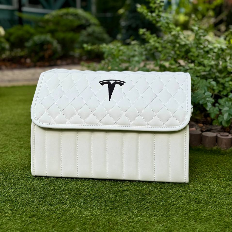 Преміум органайзер у багажник з вишивкою Tesla, білий, 50 см, фото 1