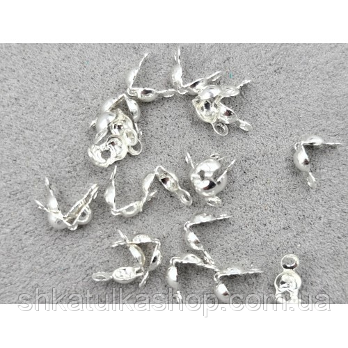 (10шт) Калоти, затискачі, кінцевики для намиста 4мм, колір срібло, фото 1