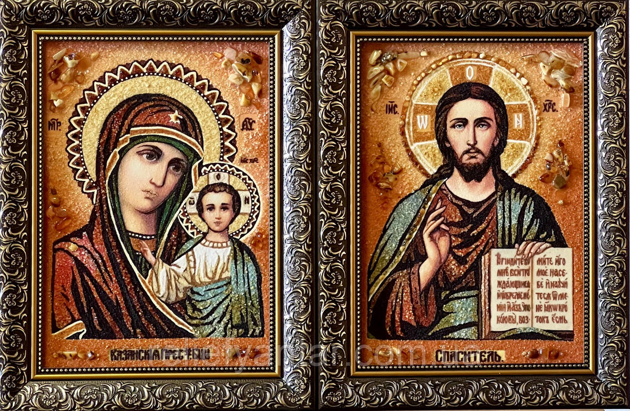 Пара з бурштину Казанська, Вінчальна пара ікон з бурштину "Казанська" 20*30 см