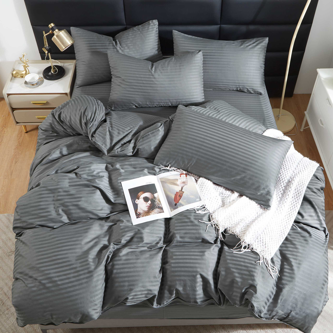 Підковдра на блискавці 145х215 (Страйп Сатин) | Полуторна підковдра від виробника "Королева Ночі" | Темно-сірий страйп сатин, фото 1