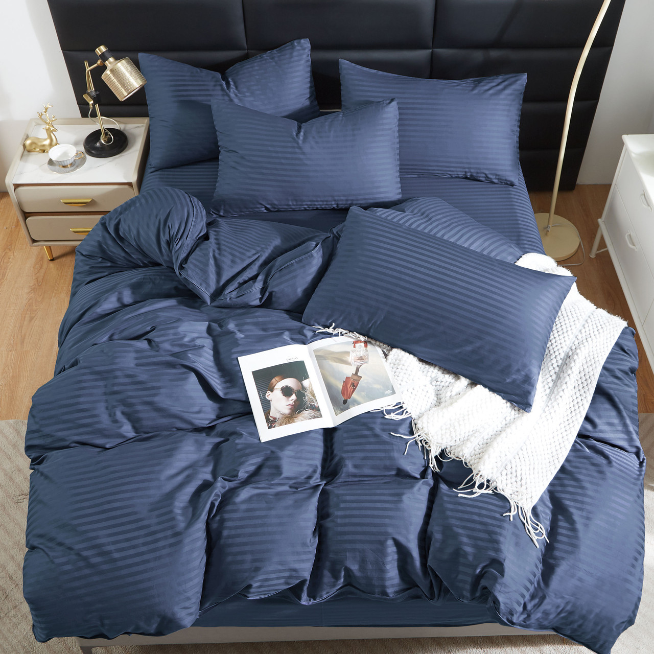 Простирадло 150х220 (Страйп Сатин) | Полуторне простирадло від виробника "Королева Ночі" | Темно-синій страйп сатин, фото 1