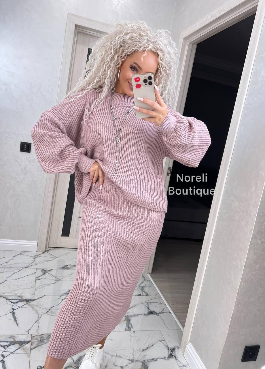 Жіночий модний костюм «Сандра» - кофта і спідниця міді на кожен день (Onesize (42-50)), Пудра