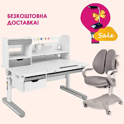 Комплект зростаюча парта стіл з надбудовою для школяра FunDesk Pensare Grey + Крісло FunDesk Salvia Grey, фото 1