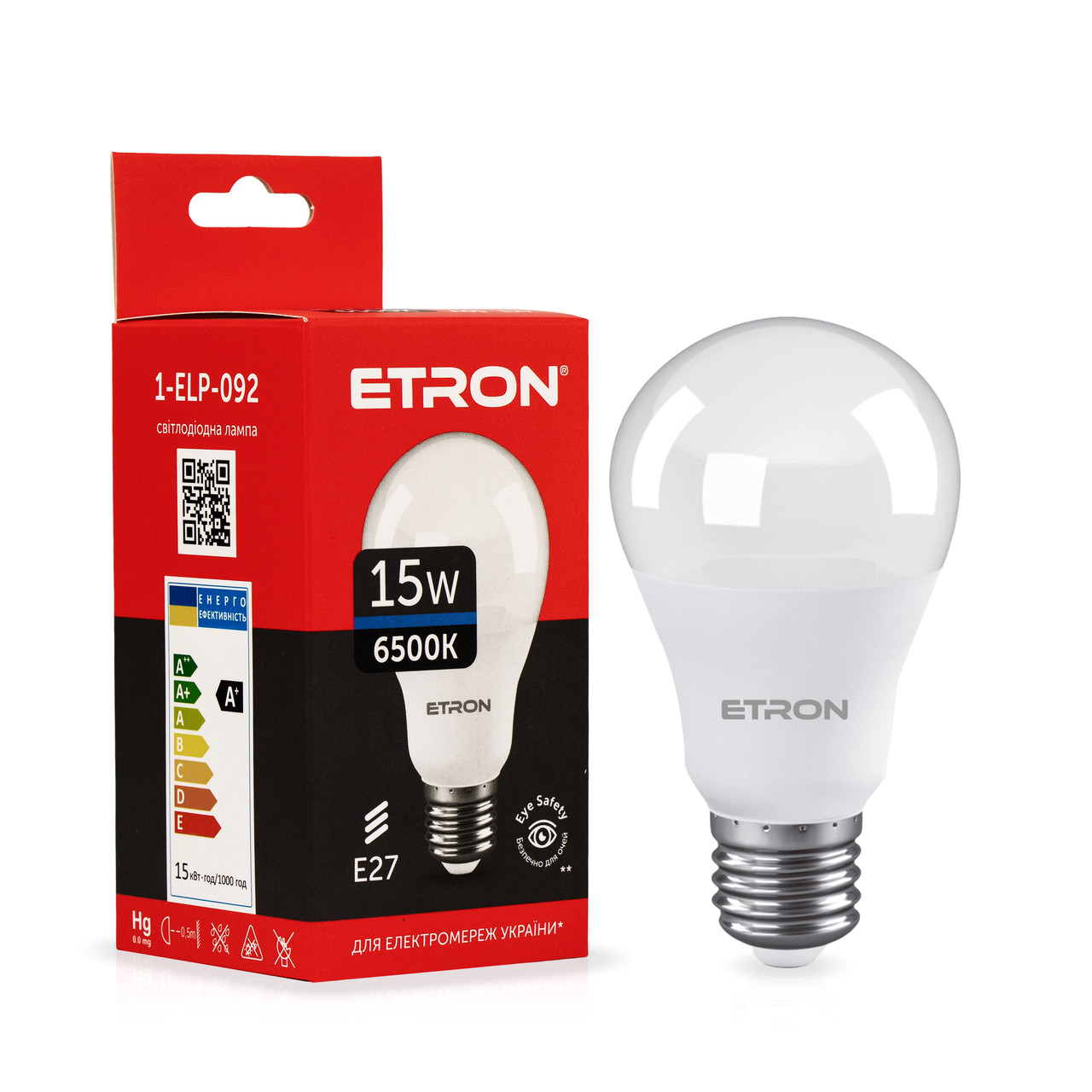Світлодіодна LED лампа ETRON 15W A65 6500K E27 холодне світло