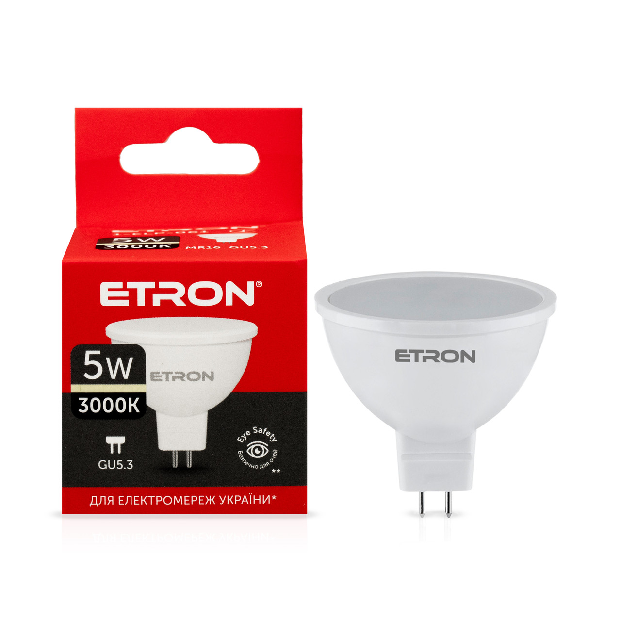 Світлодіодна LED лампа ETRON 5W MR16 3000K 220V GU5.3 тепле світло