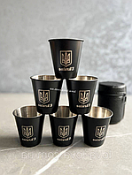 Набір похідних стопок із неіржавкої сталі 6 штук по 70 мл із гербом України в чохлі