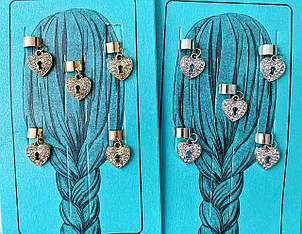 Пірсинг в волосся метал/стрази 6 набір/уп ЗОЛОТІ ТА СРІБНІ СЕРЦЕ