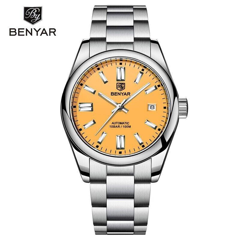 Чоловічий механічний наручний годинник Benyar Yellow автоматичний водонепроникний 10 BAR з календарем, фото 1