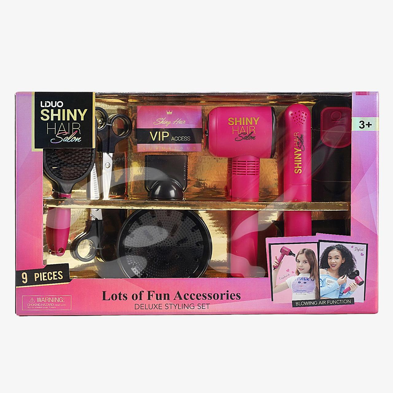Набір перукаря 626029 - 9 аксесуарів, світло, звук, стайлер, фен видуває повітря, 2 насадки, щітка, 2 пари ножиць