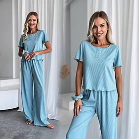 Оливковий жіночий домашній костюм із трикотажу в рубчик: топ, штани та гумка для волосся