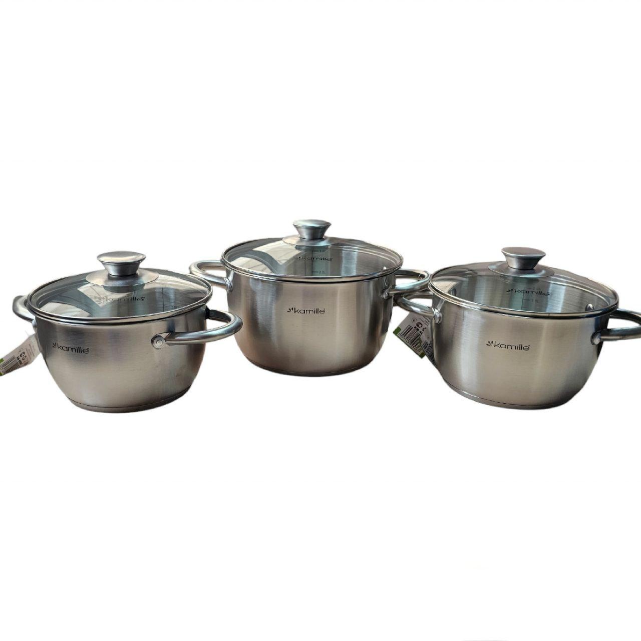 Набір каструль 6 предметів із нержавіючої сталі  (1,5л; 2 л; 3 л) тм Kamille