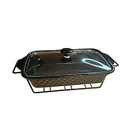 Чорна керамічна форма зі скляною кришкою і підставкою з нагрівачем (МАРМІТ) 2 л (36*21*6,5 см) тм Kamille