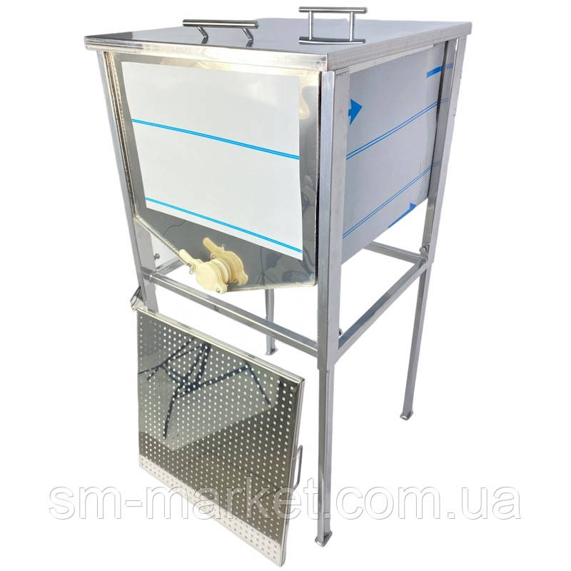 Стіл для розпечатування рамок (50 см, плоский кошик, Лист 0,5 мм AISI 304 нерж), кран нержавіючий