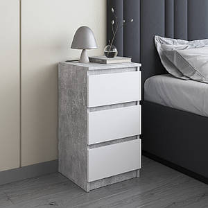 Тумба приліжкова VAYS, в спальню, сучасна, 3 шухляди, без ручок R-30 Бетон-Білий фасад