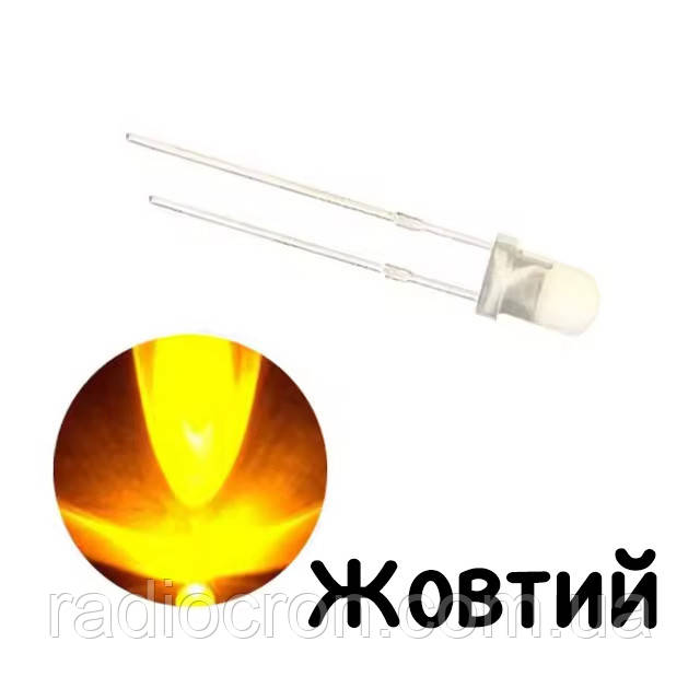 Світлодіод F3 3мм, Прозора лінза, Жовтий