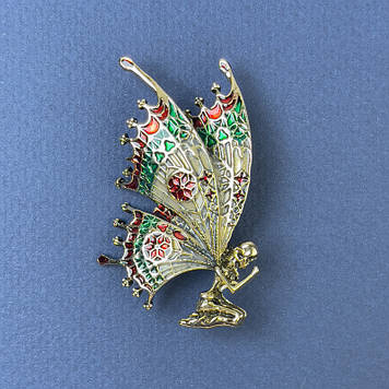 Брошка Ельфійка червона зелена емаль золотистий метал 33х53мм+-
