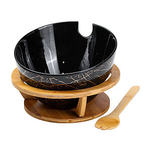 Салатниця керамічна тарілка Ø 25 см см з дерев'яною ложкою на підставці