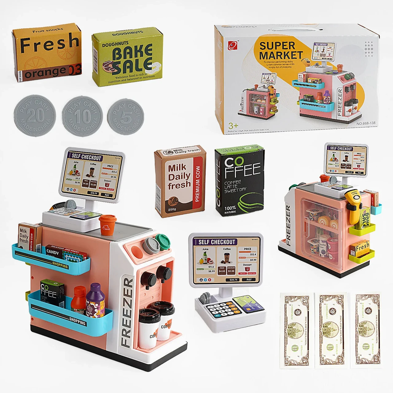Магазин-супермаркет дитячий 668-138 Рожевий, 46 елементів, звук, підсвічування, сканер, продукти, купюри, монети, фото 1