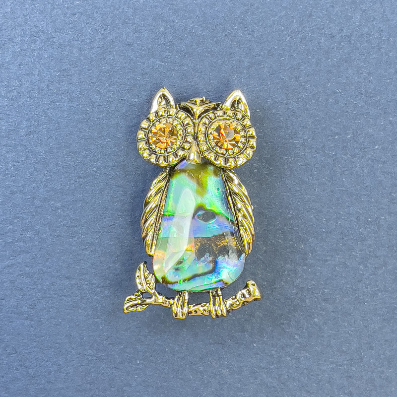 Брошка кулон Сова Халіотіс жовті стрази золотистий метал d-18мм+- L-31мм+-, фото 1