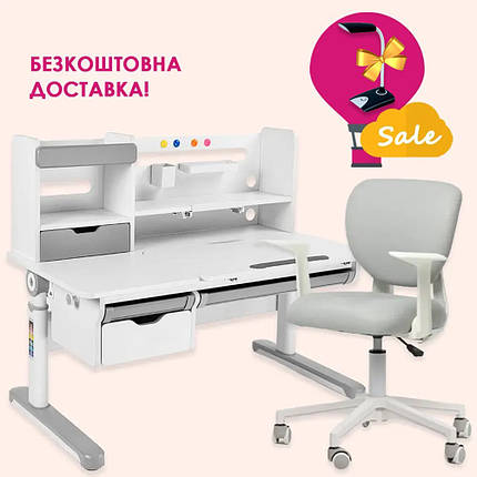 Комплект парта стіл із надбудовою Fundesk Pensare Grey + крісло FunDesk Buono Grey для школяра, фото 1